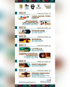 Cartelera de cine que tendrá el programa Cinema Vagabundo Mayo