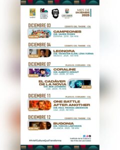 Cartelera oficial del programa permanente cinematográfic“Cinema Vagabundo” en el mes de diciembre