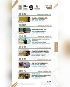 Cartelera de Cinema Vagabundo y Cine Móvil en Los Cabos julio
