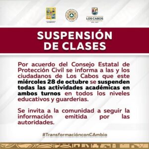 Suspensión de clases en Los Cabos miércoles 28 de octubre