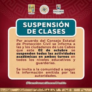 Suspensión de clases en Los Cabos este viernes 2 de octubre